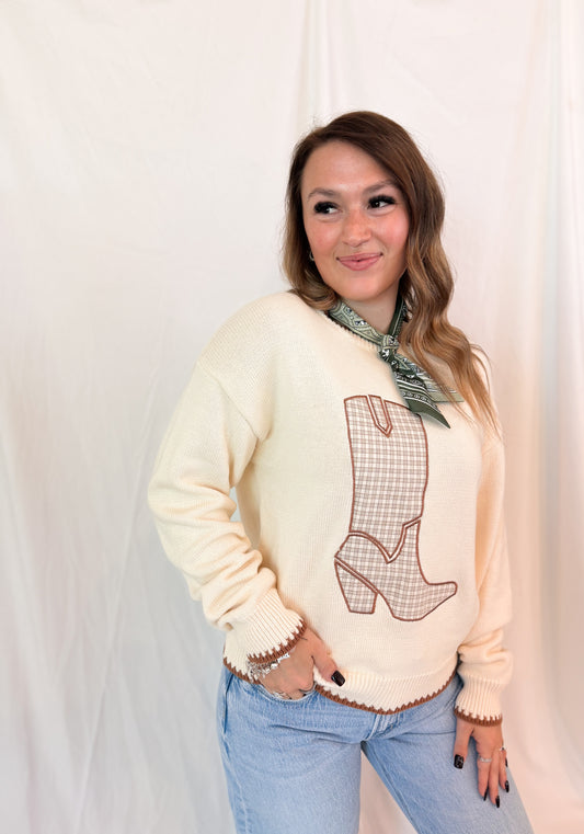 WILD WEST WEEKEND PLAID COWBOY BOOT COTTON SWEATER