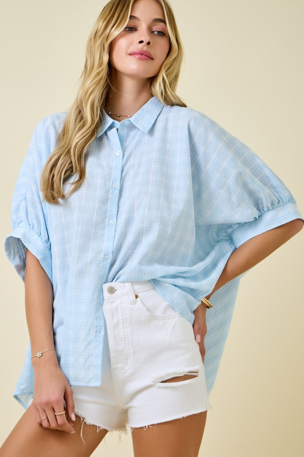 Button Down Textured Check Oversized Shirt Top