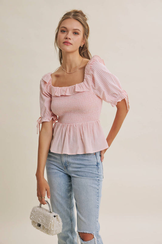 SOFT BREEZE RUFFLE SMOCKED STRIPE PEPLUM BLOUSE WITH BOW
