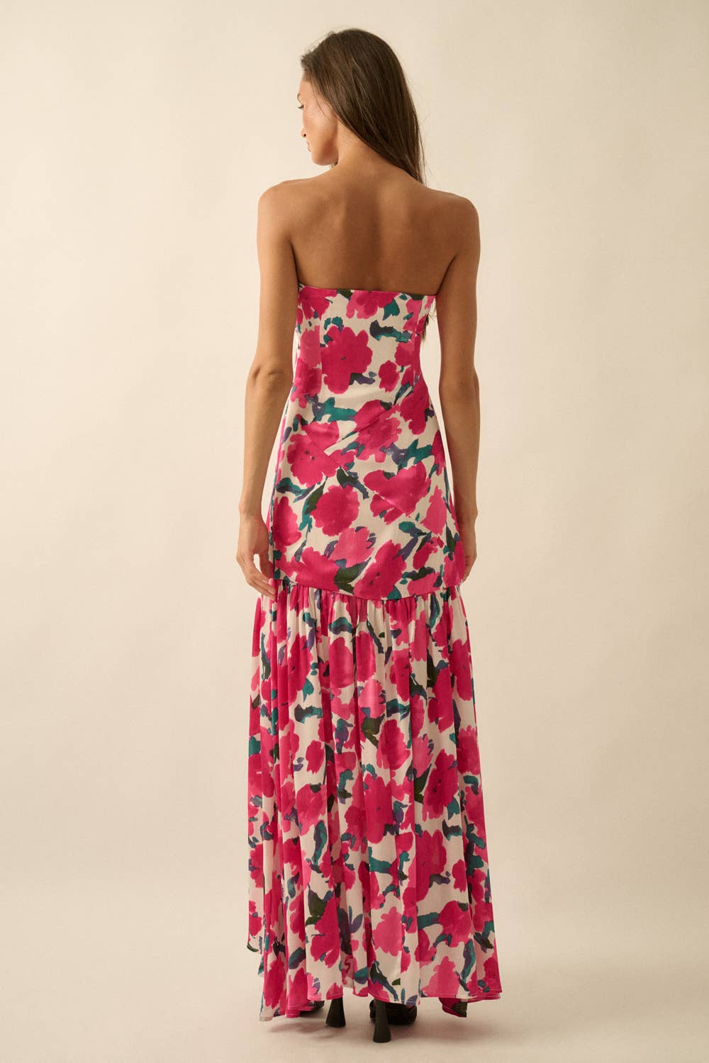 Floral-Print Crepe Strapless Drop-Waist Maxi Dress