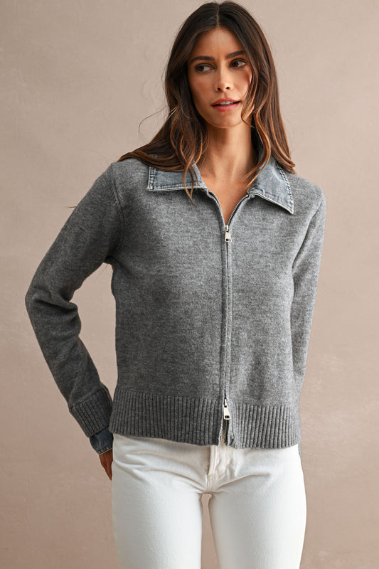 DENIM COLLARED ZIP UP CARDIGAN
