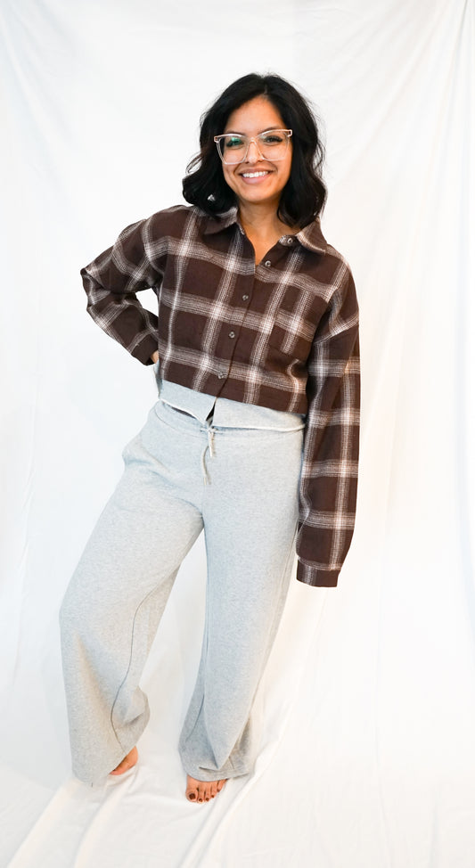 HEATHER GREY PANTS WITH PLAID DOUBLE WAIST