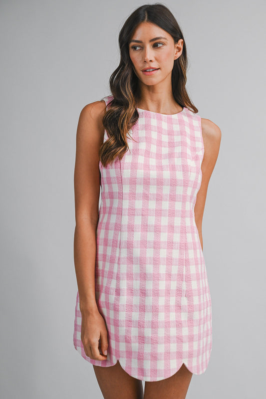 Textured Plaid Scallop Hem Mini Dress