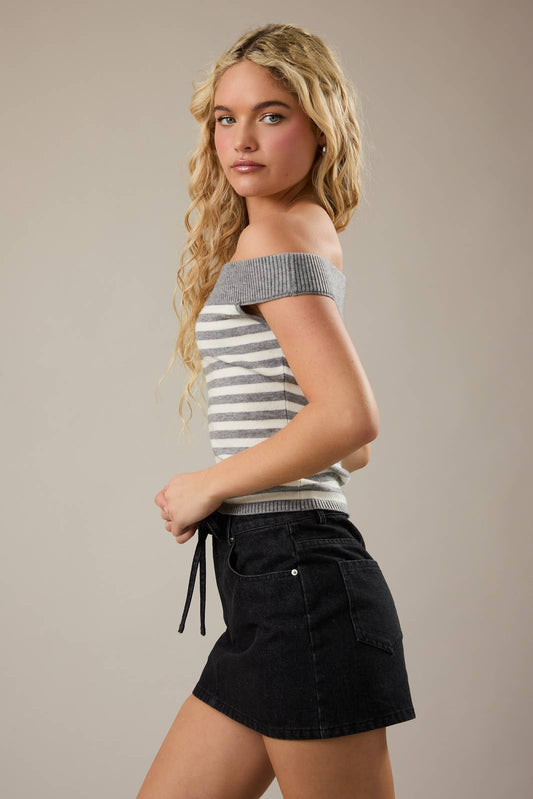 OFF SHOULDER STRIPE SWEATER TOP