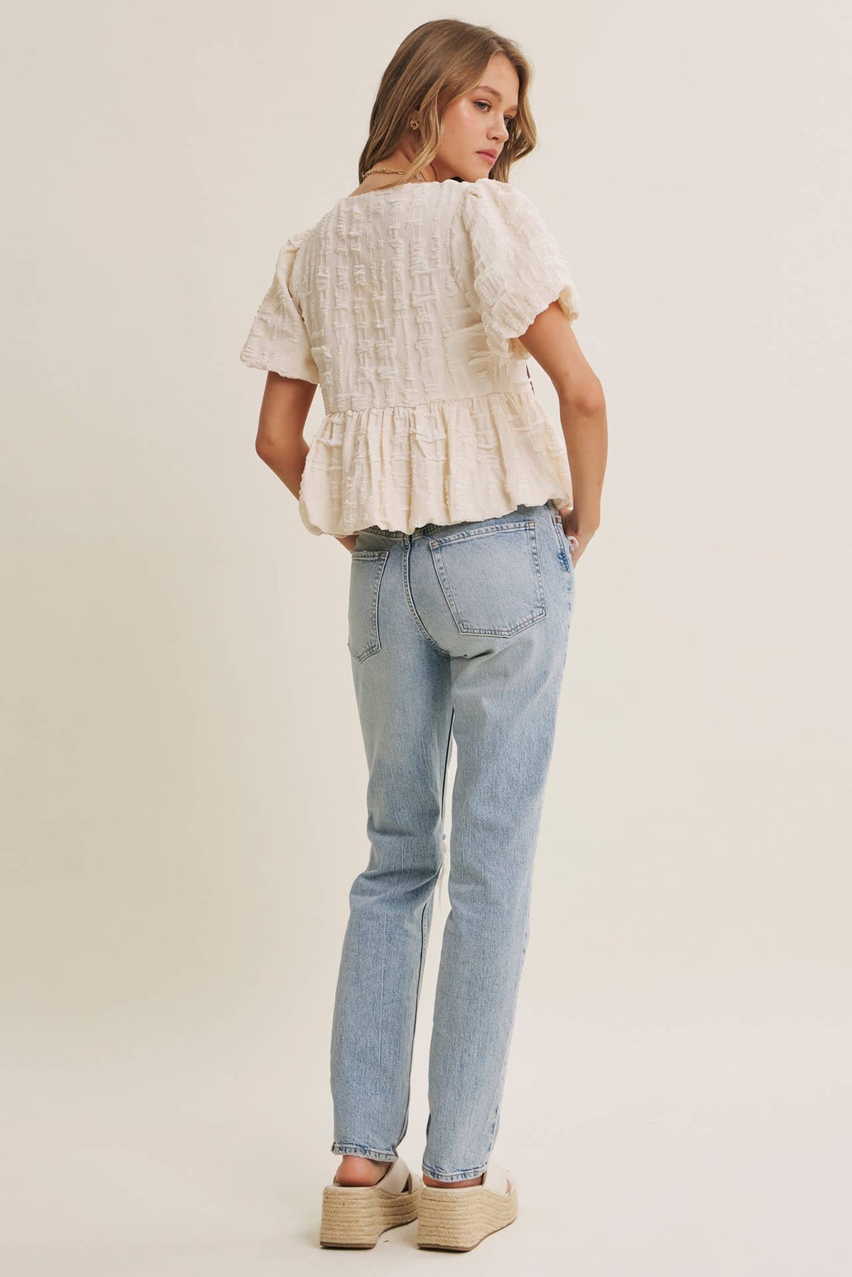 BESTSELLER ROMANTIC TEXTURED CONTRAST BOW PEPLUM BLOUSE