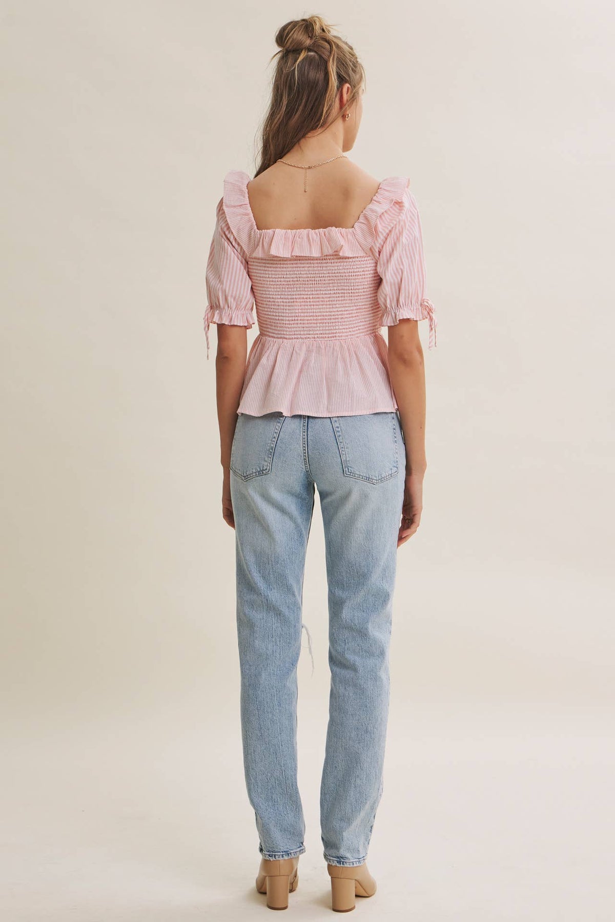 SOFT BREEZE RUFFLE SMOCKED STRIPE PEPLUM BLOUSE WITH BOW