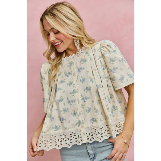 FLORAL PRINT LACE TRIM FLUTTER SLEEVES BLOUSE