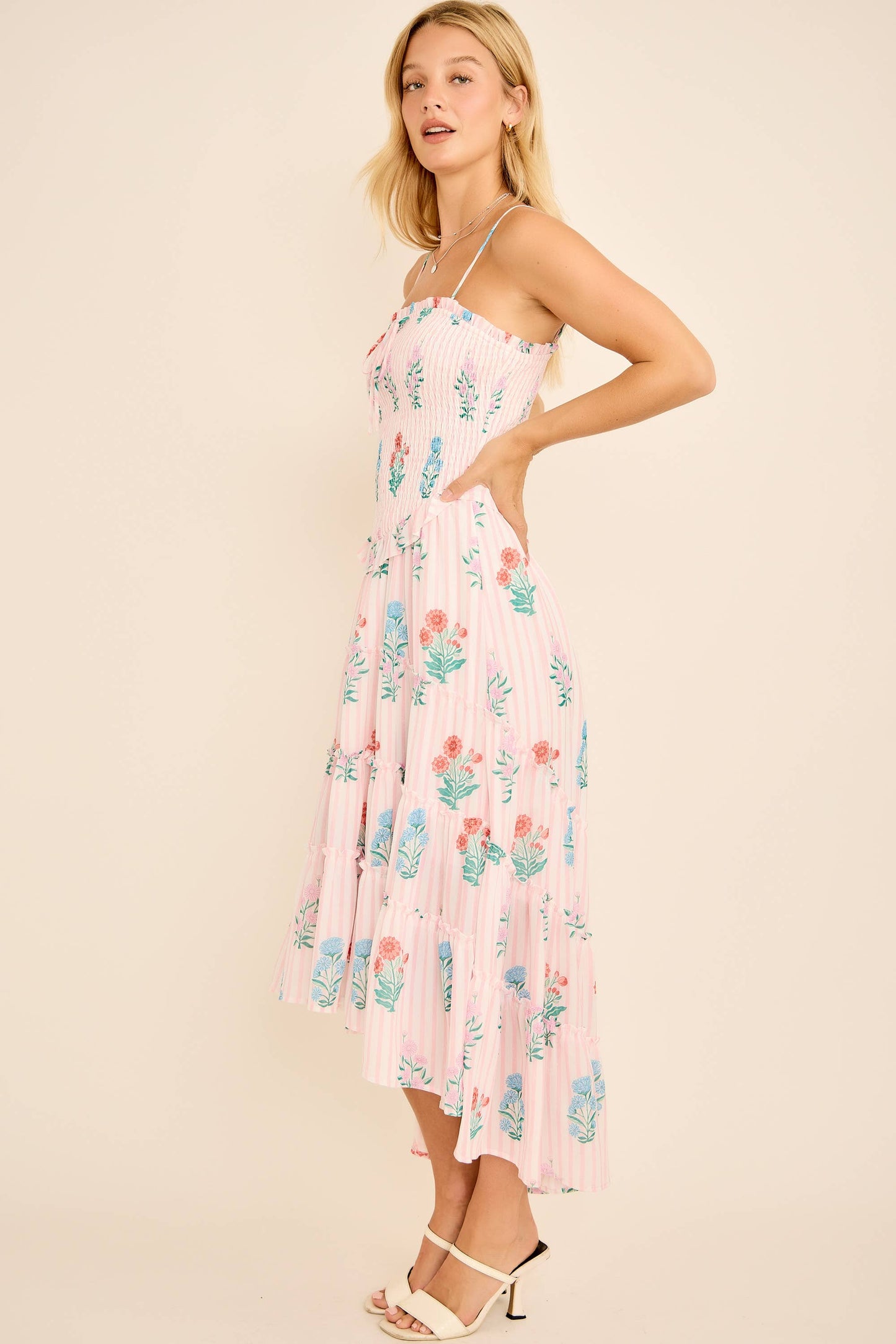 Smocked High-Low Ruffle Tier Strap Midi Dress