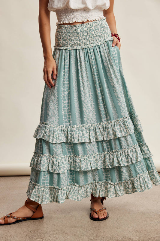 Mixed Print Tiered Maxi Skirt