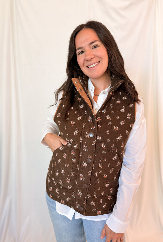 FLORAL QUILTED MOCK NECK VEST