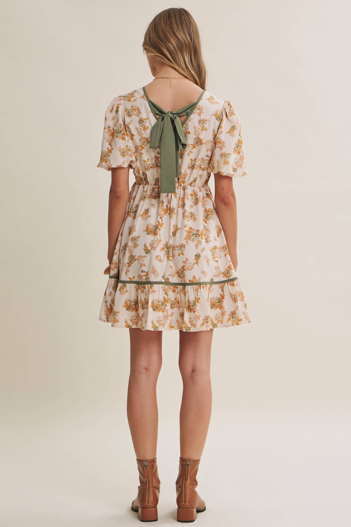VINTAGE FLORAL BACK BOW BUBBLE SLEEVES FLARE MINI DRESS