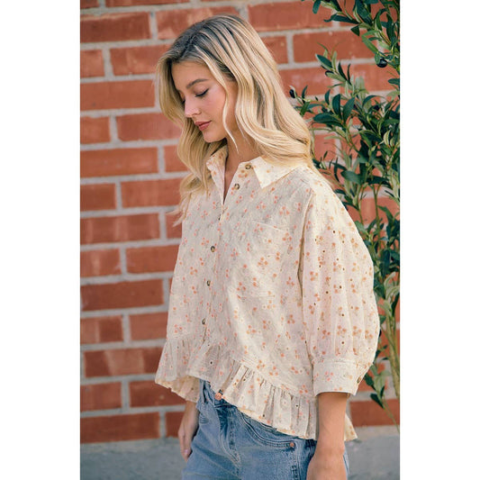 IVORY FLORAL EYELET PEPLUM BUTTON RUFFLE HEM BLOUSE
