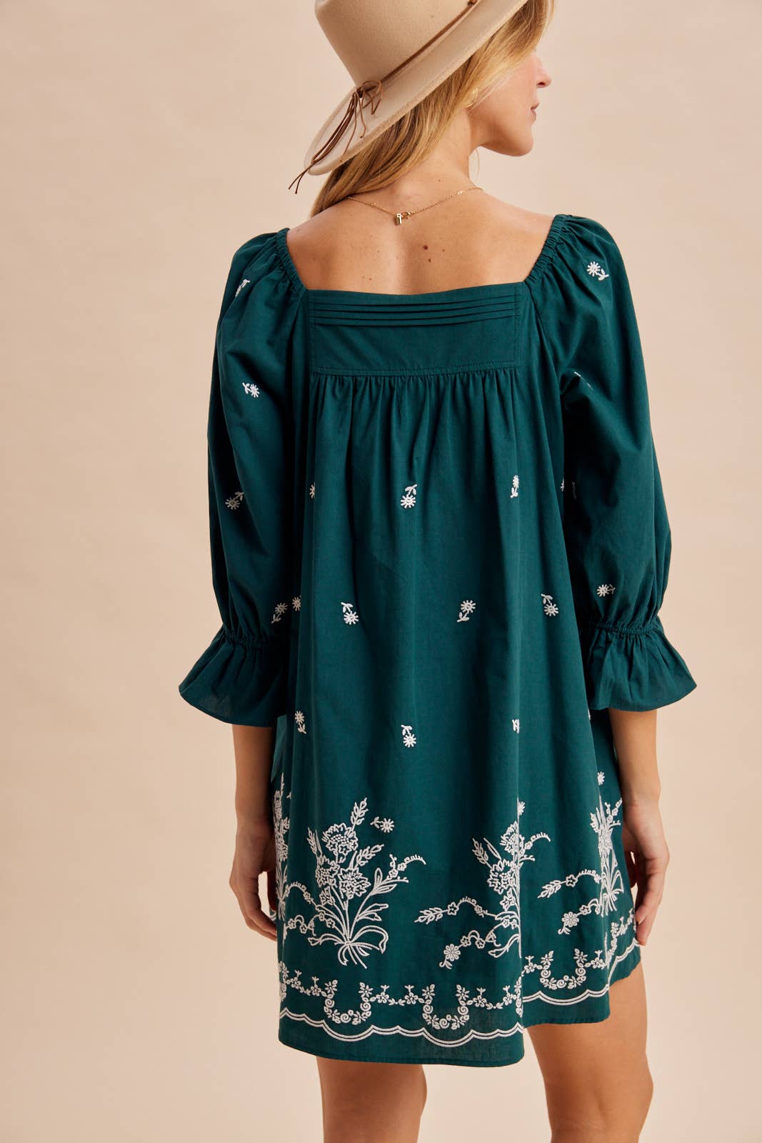 PLEAT DETAIL EMBROIDERED MINI DRESS
