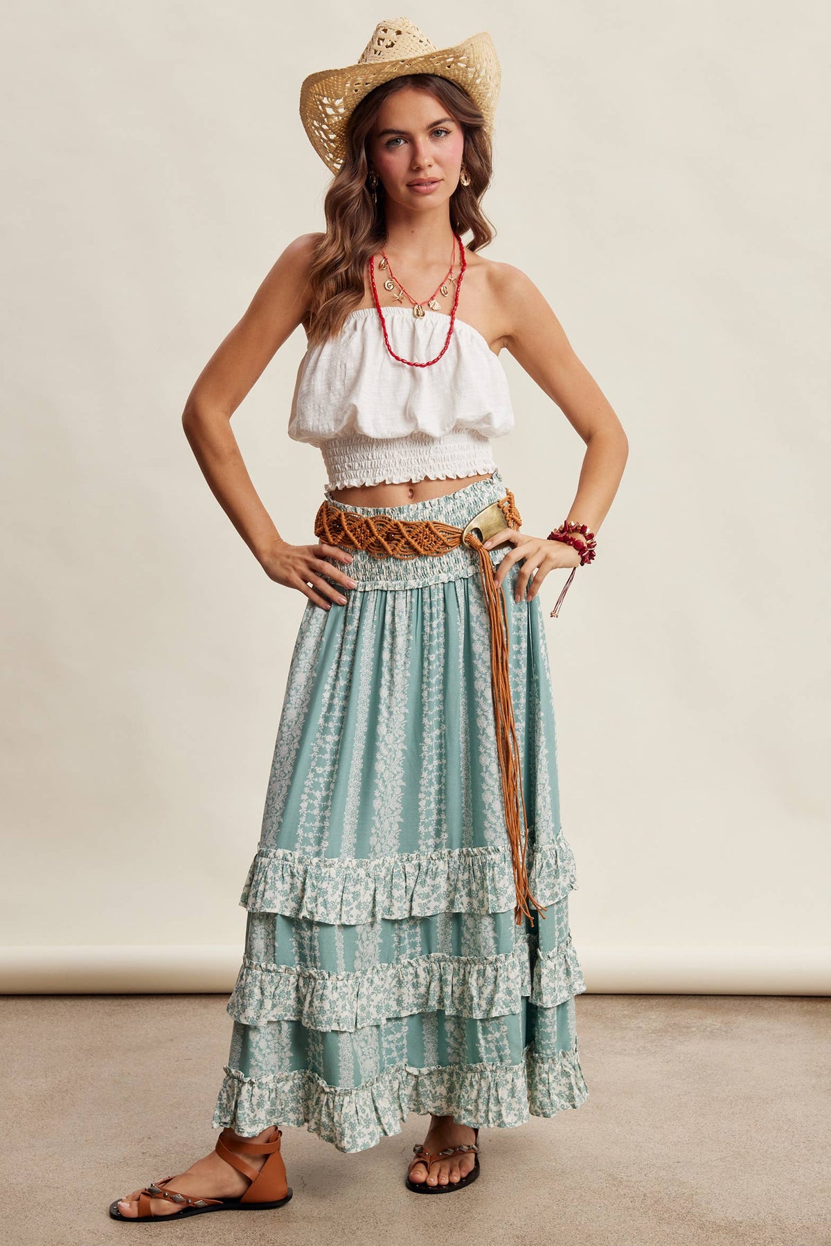 Mixed Print Tiered Maxi Skirt