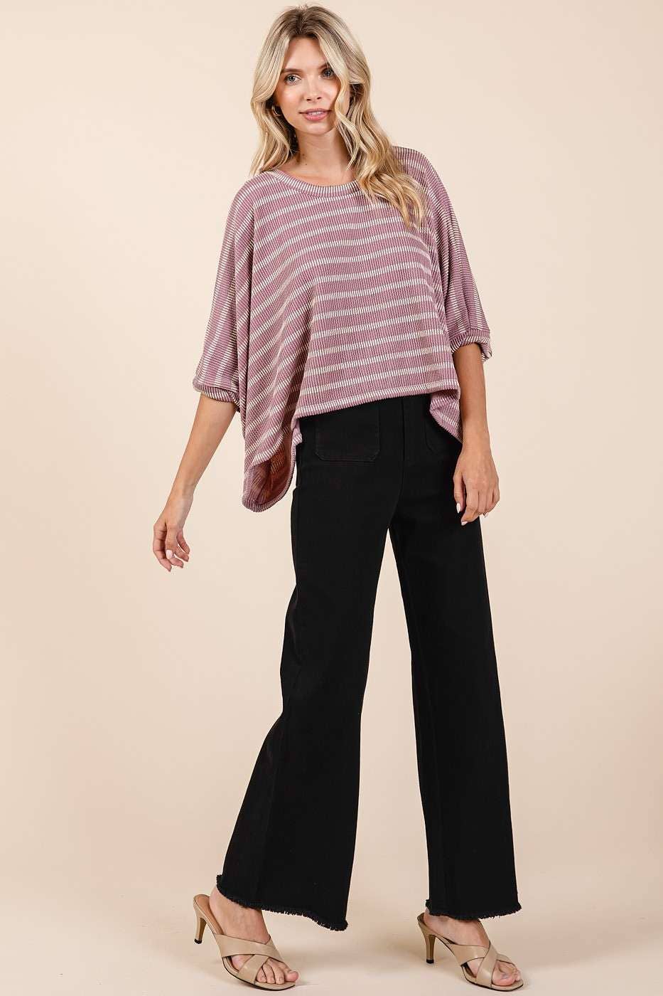 TEXTURE STRIPED PRINT ROUND NECK DOLMAN SLEEVE TOP