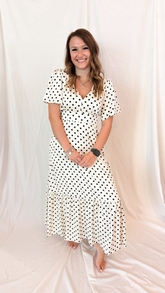 POLKA DOT FLUTTER SLEEVE MAXI DRESS