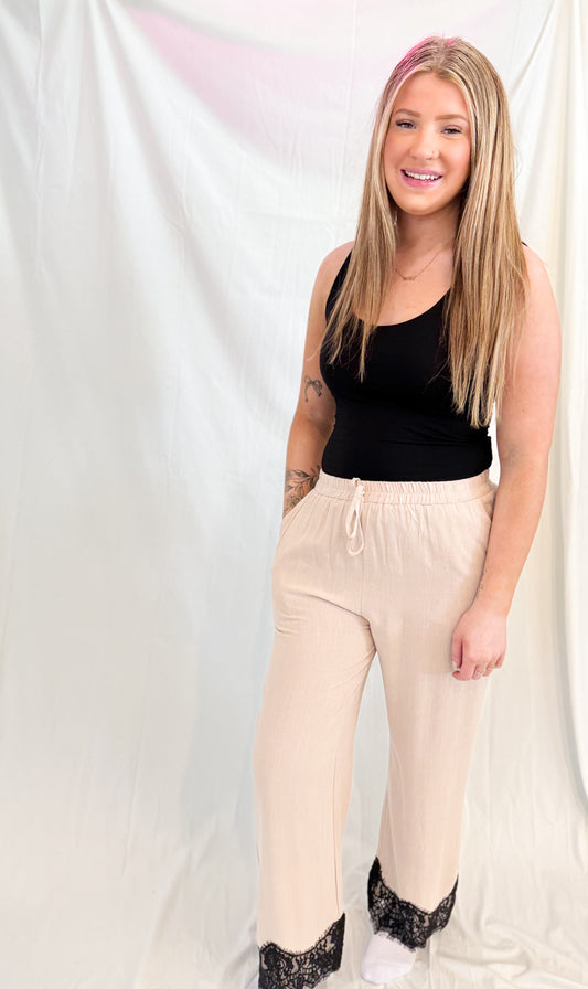 LINEN BLEND LACE TRIM BANDING WAIST PANTS