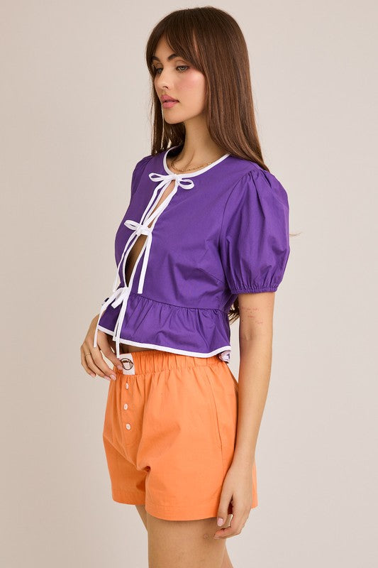 Puff Sleeve Contrast Bow Top
