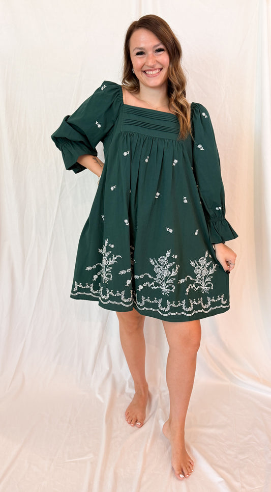 PLEAT DETAIL EMBROIDERED MINI DRESS