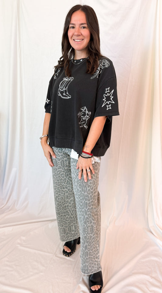 Mineral washed western printed oversized top