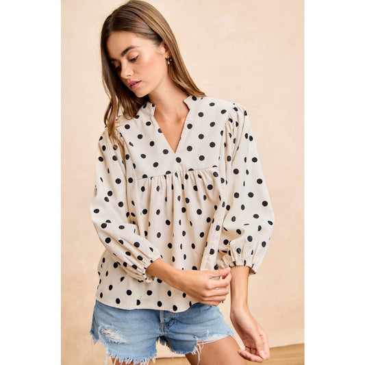 POLKA DOT CORDUROY QUARTER SLEEVES V NECK TOP