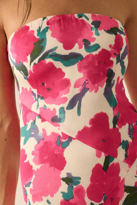 Floral-Print Crepe Strapless Drop-Waist Maxi Dress