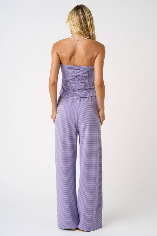 STRIPED PRINT SMOCKED BACK TUBE TOP AND PANTS SET