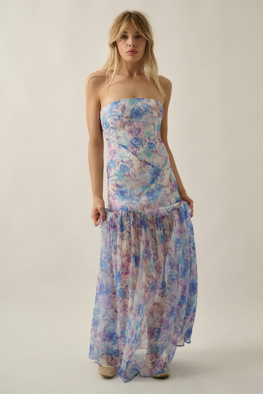 Floral Chiffon Asymmetrical Strapless Drop-Waist Maxi Dress