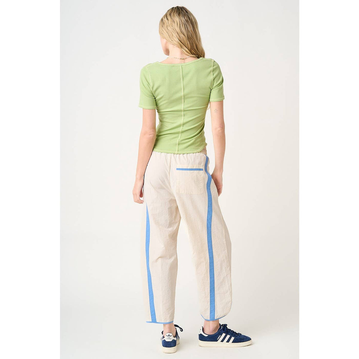 SPORTY STRIPE NYLON PULL ON BARREL LEG PANTS