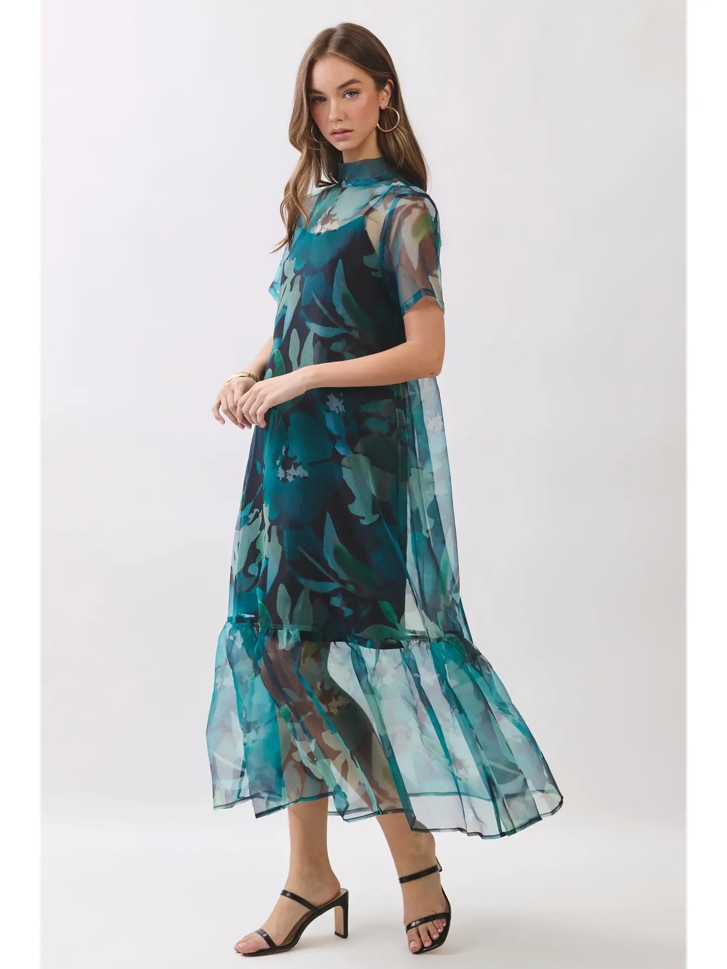 SHEER FLORAL OVERLAY MAXI DRESS