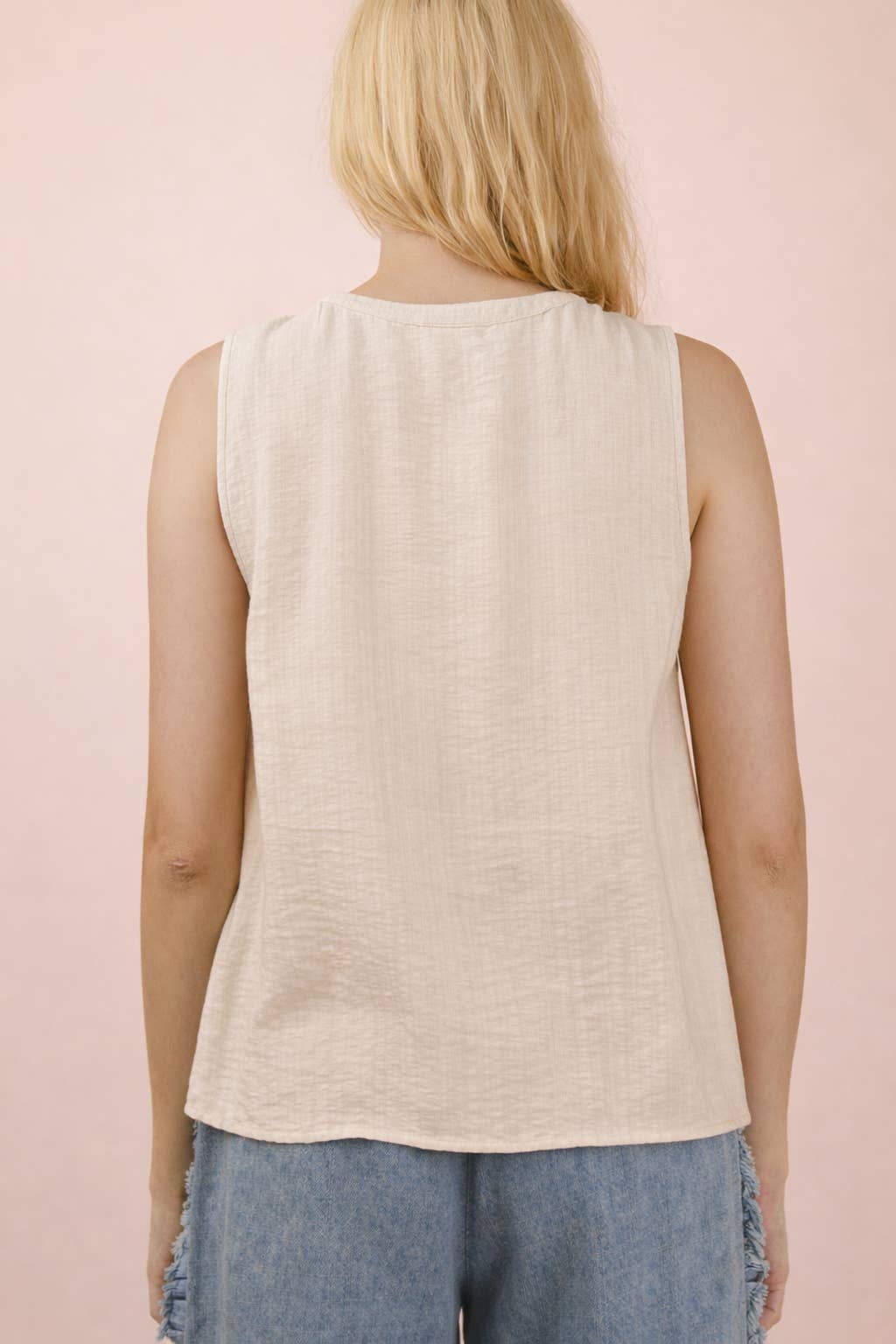 Half Button Down Pintuck Sleeveless Woven Top