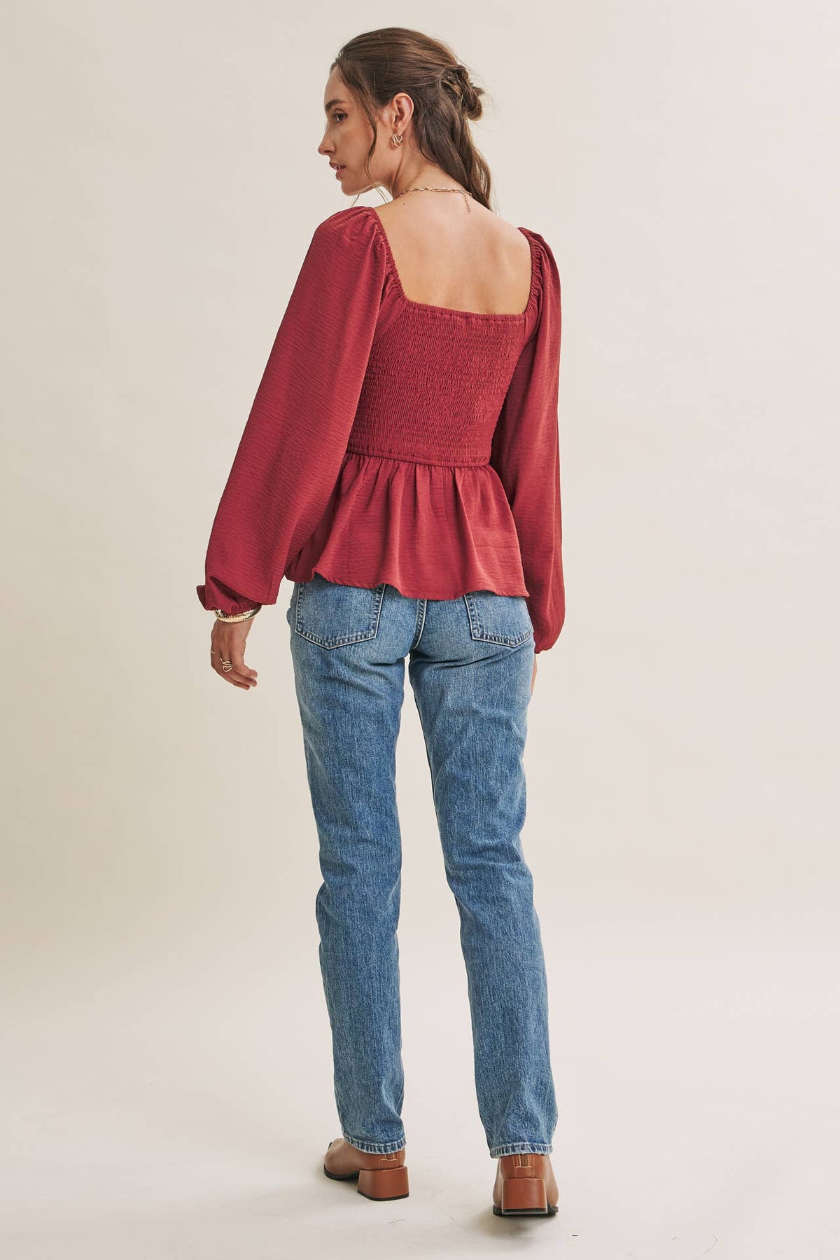 ROSEWOOD EVENING SQUARE NECK SMOCKED PEPLUM BLOUSE