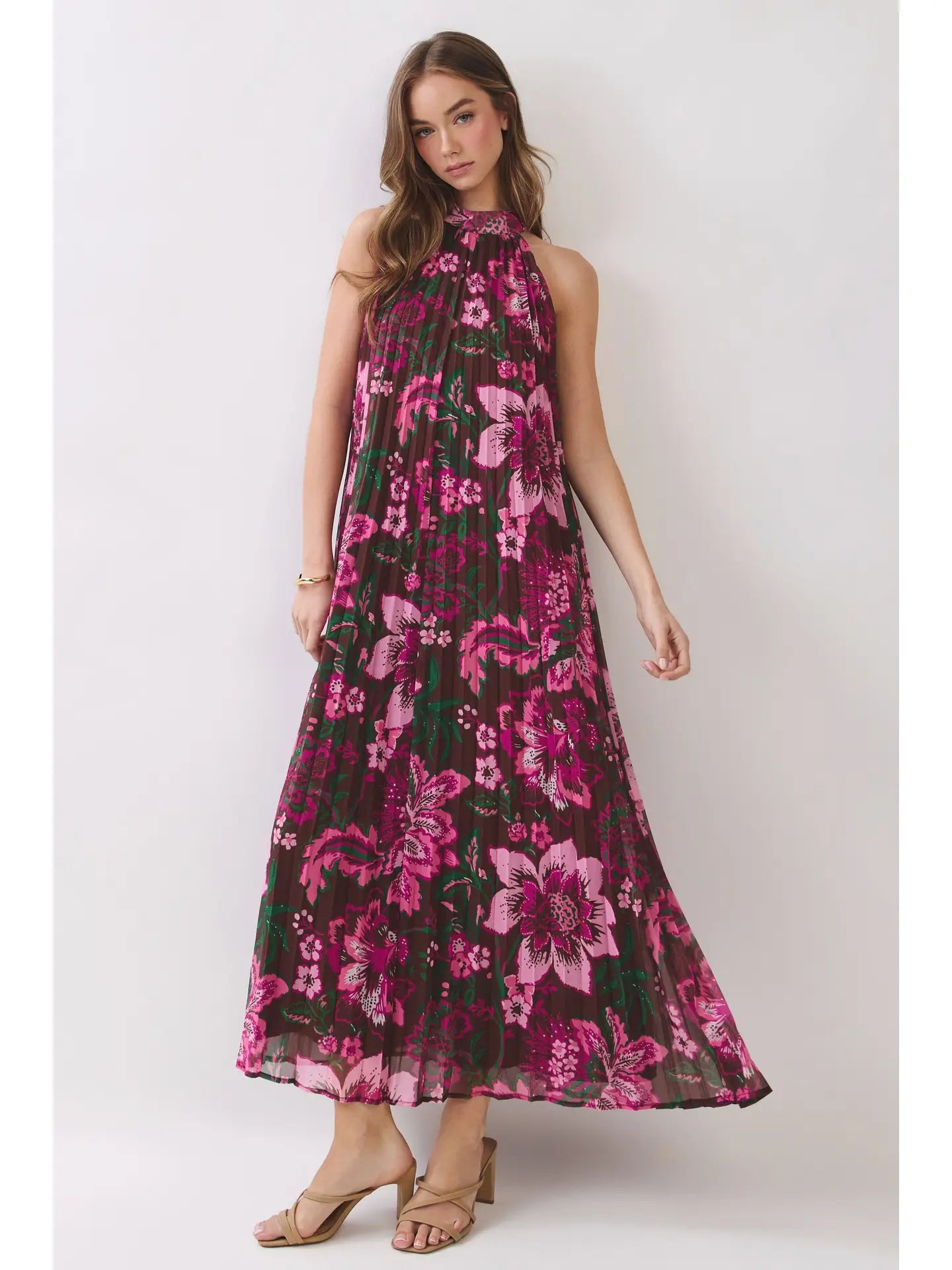 FLORAL PLEATED HALTER MAXI DRESS