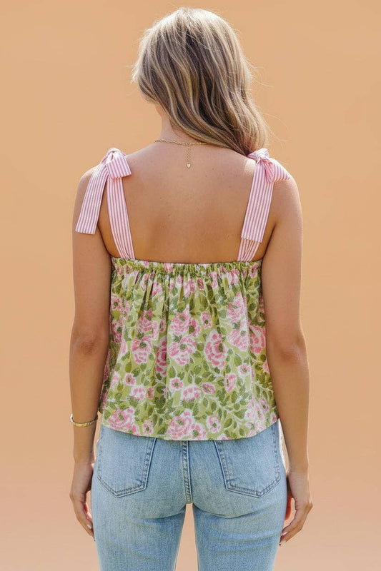 Floral Stripe Tie Strap Babydoll Tank Top