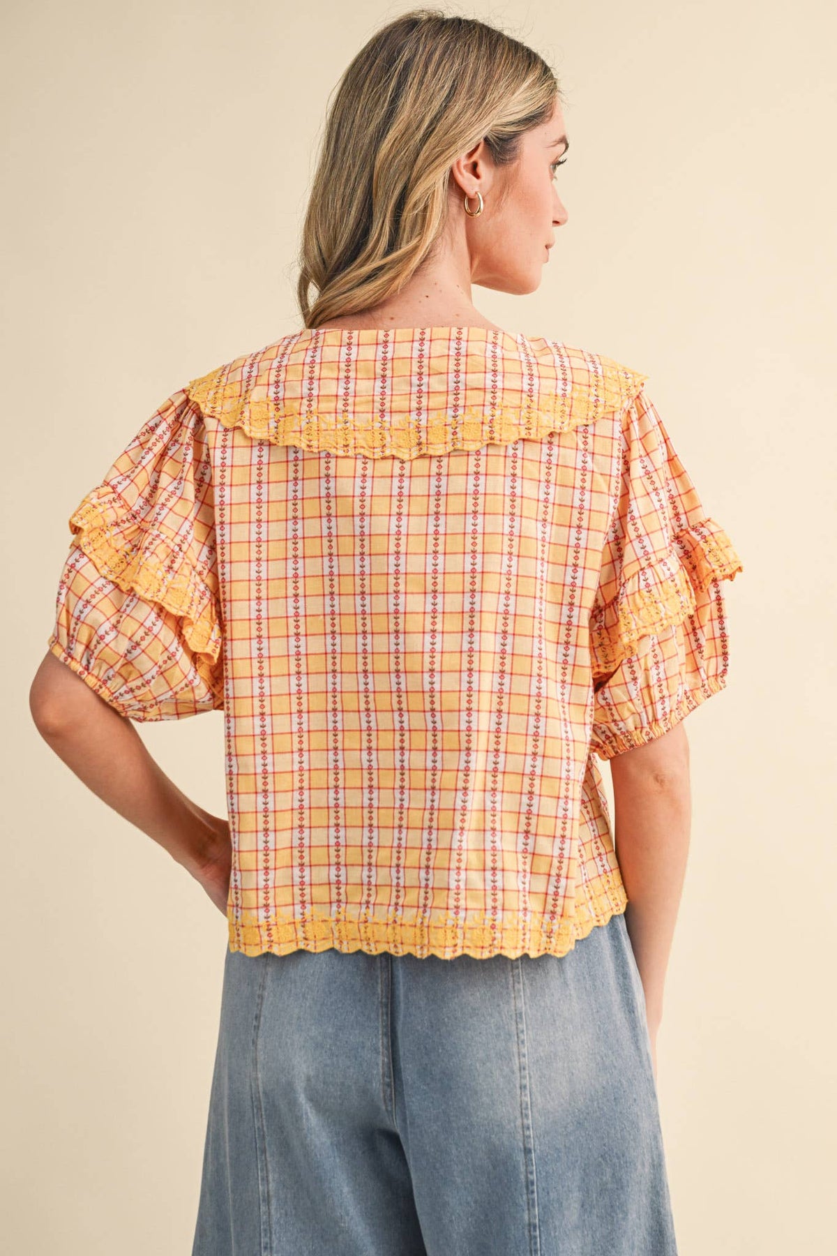 FLORAL GINGHAM EMBROIDERED DOLL COLLAR TOP MTP4602