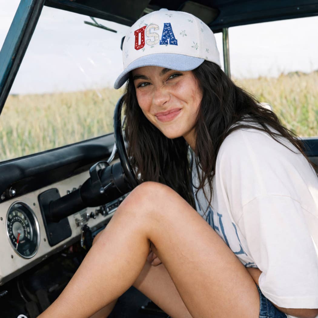 USA Embroidered Patch Floral Crown Two-Tone Trucker Hat