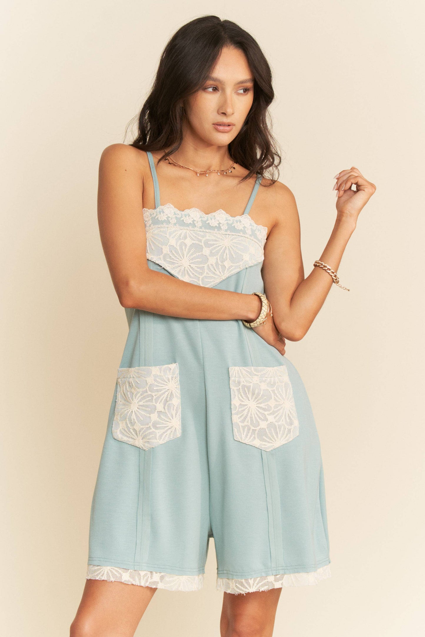 SOFT KNIT LACE INSERTED SEAM DETAIL ROMPER