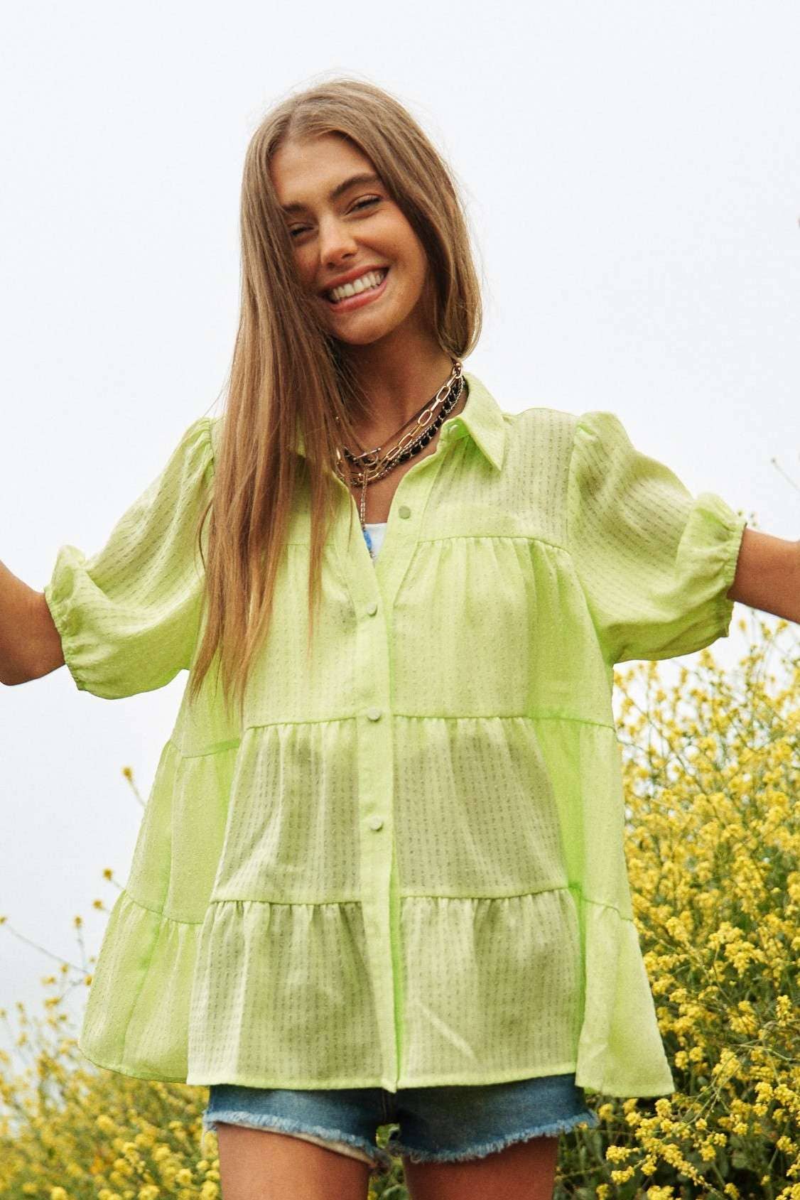 BUTTON DOWN SHORT PUFF SLEEVES BABYDOLL BLOUSE