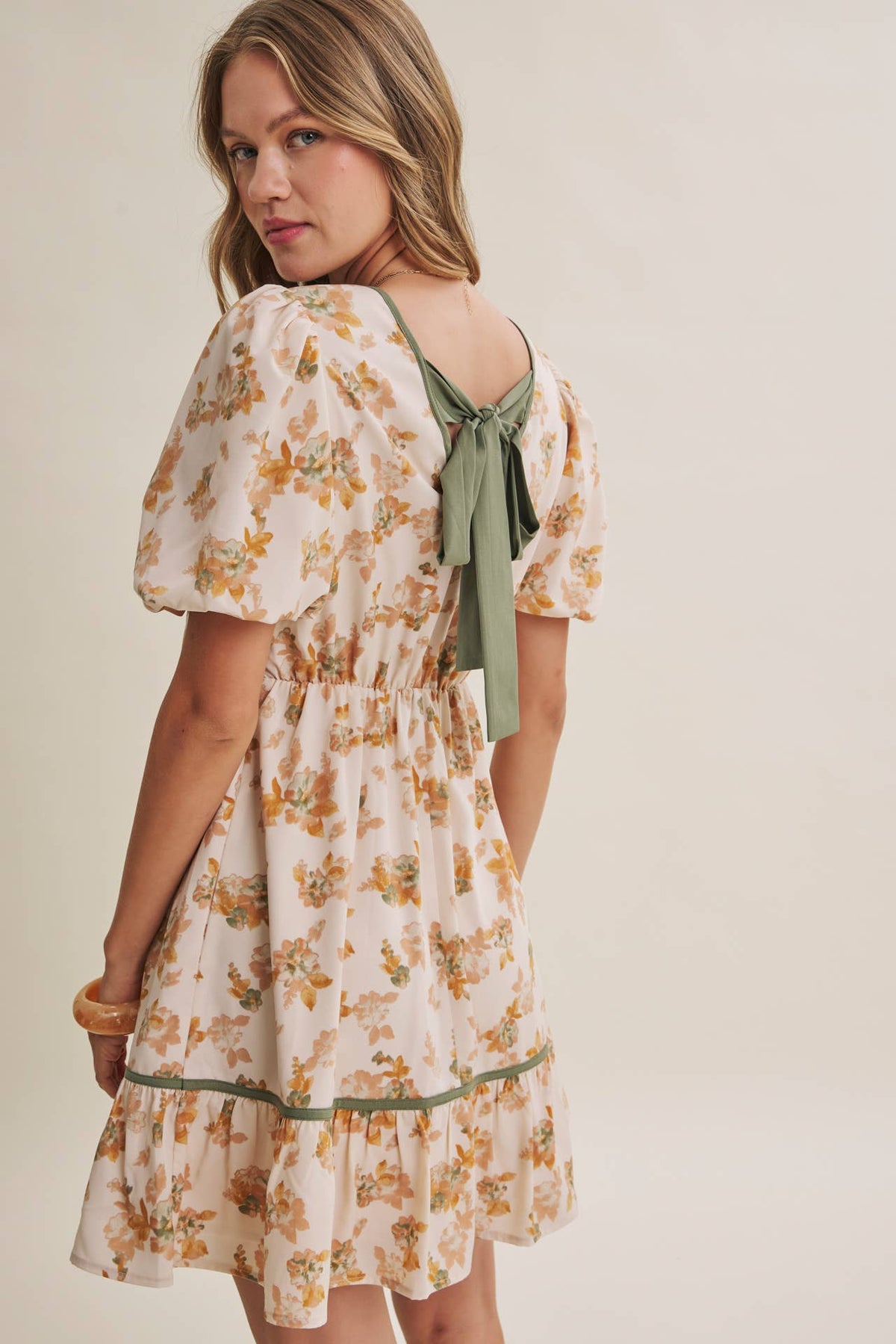 VINTAGE FLORAL BACK BOW BUBBLE SLEEVES FLARE MINI DRESS