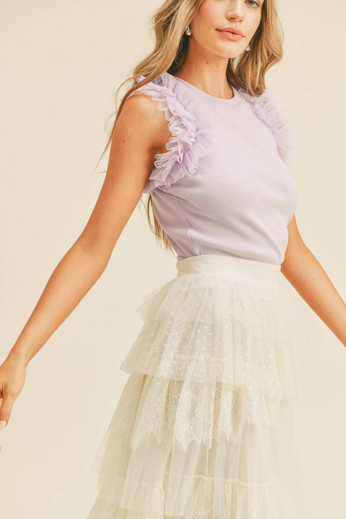 MESH RUFFLE RIBBED KNIT TOP