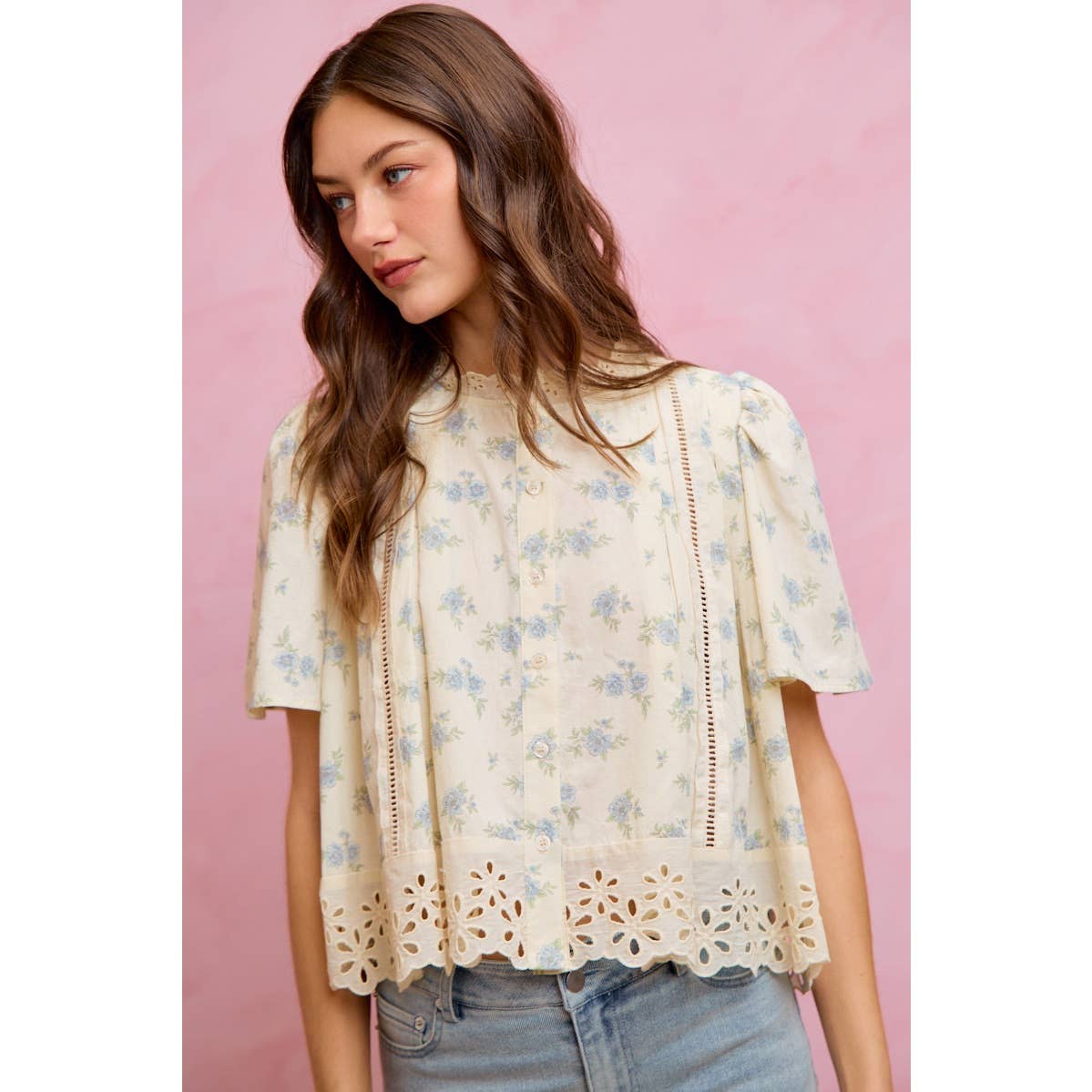 FLORAL PRINT LACE TRIM FLUTTER SLEEVES BLOUSE