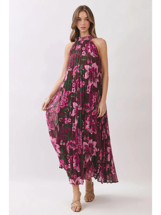 FLORAL PLEATED HALTER MAXI DRESS