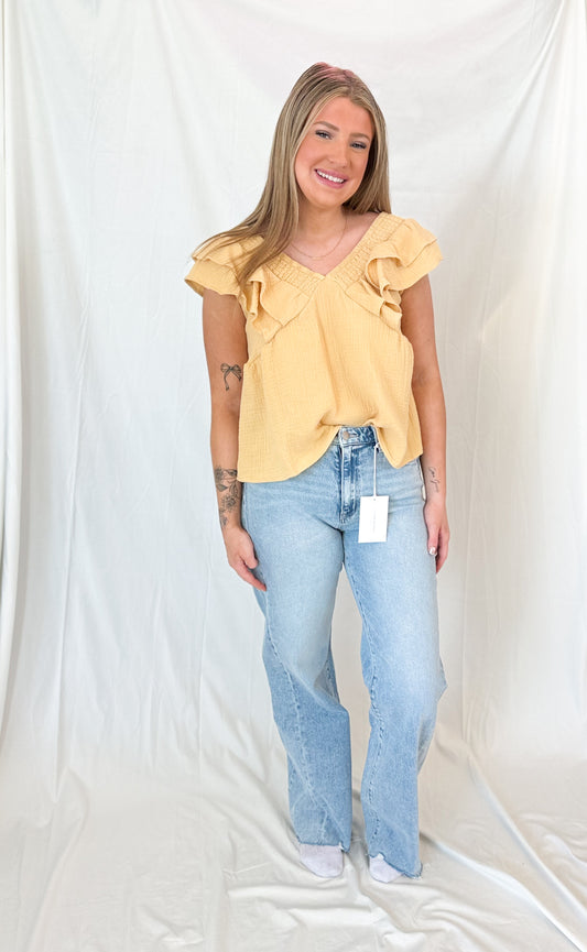 Smocking Detail Ruffle Sleeve Cotton Gauze Top