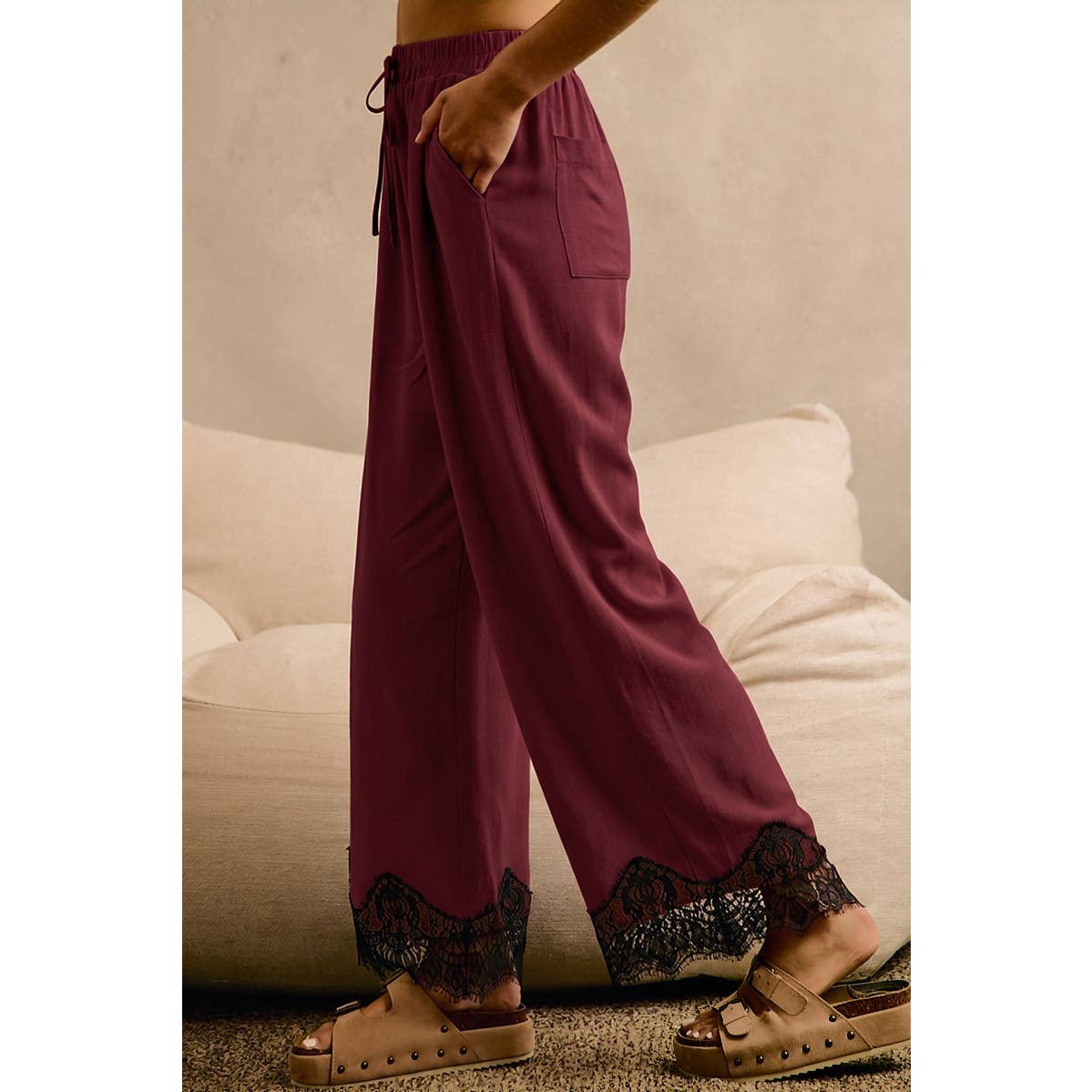 LINEN BLEND LACE TRIM BANDING WAIST PANTS