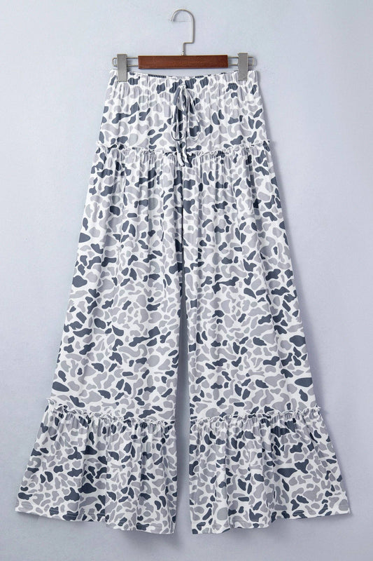 Camo Ruffle Wide Leg Drawstring Pants