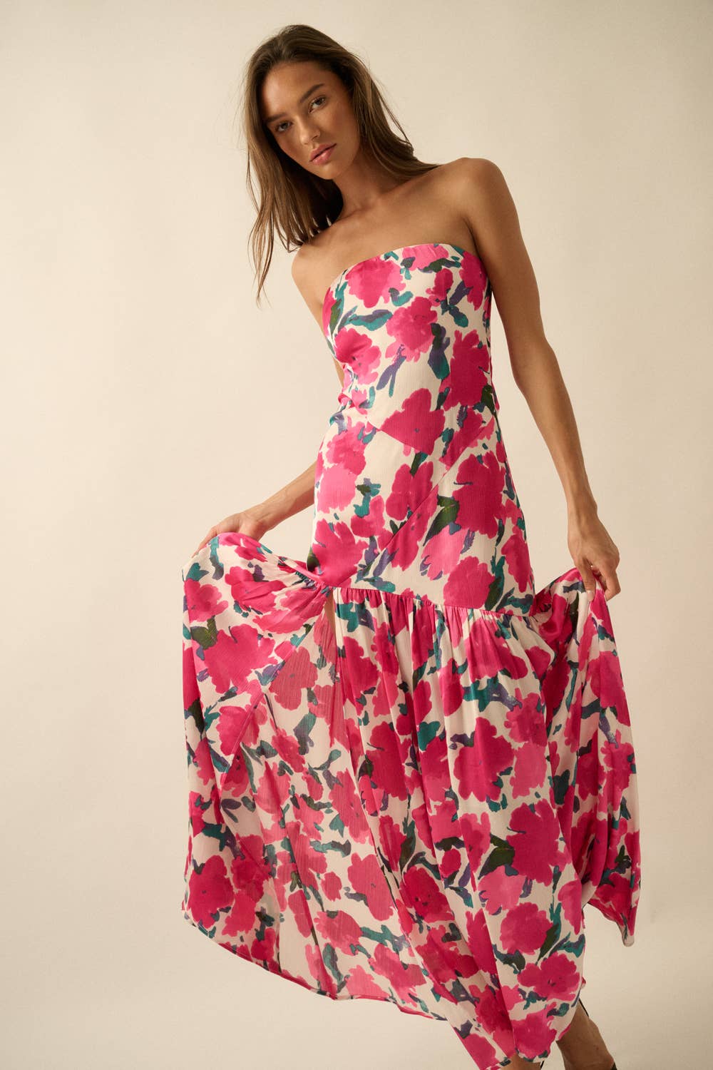 Floral-Print Crepe Strapless Drop-Waist Maxi Dress