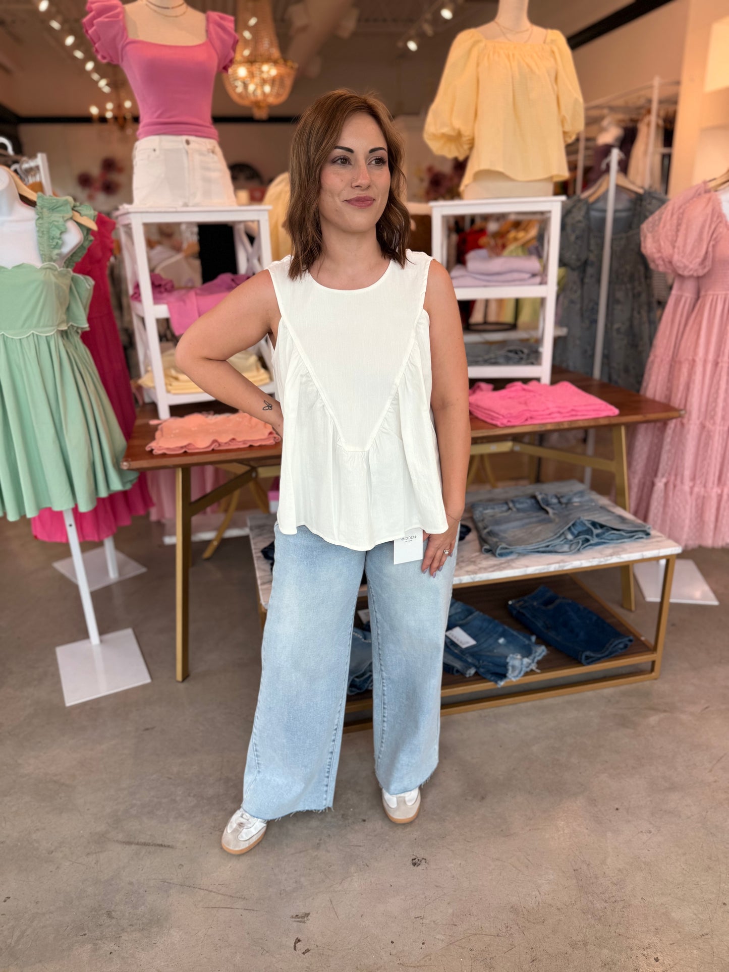 Ruched Denim Top White