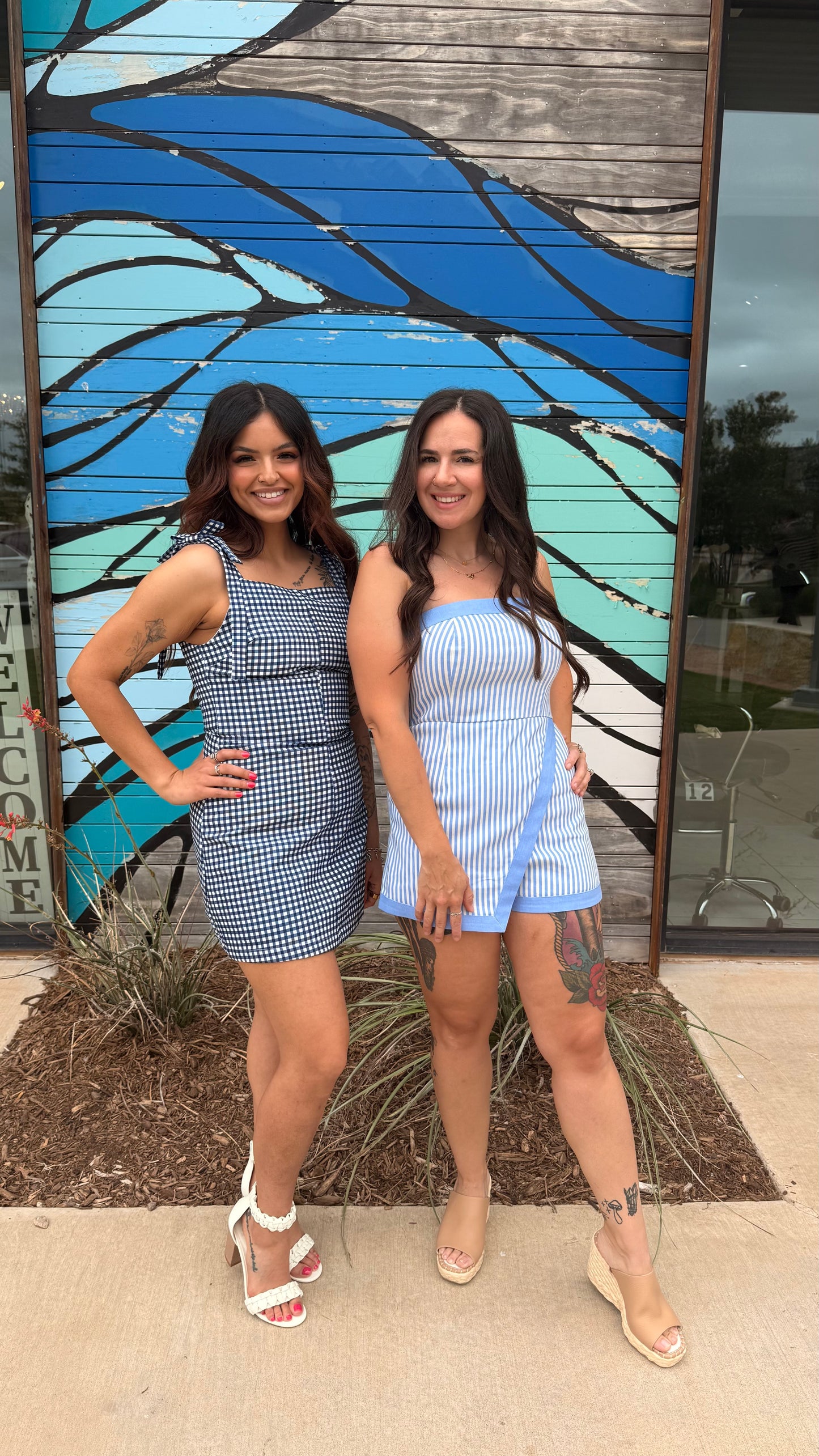 Cotton denim stripe tube romper with wrap skirt