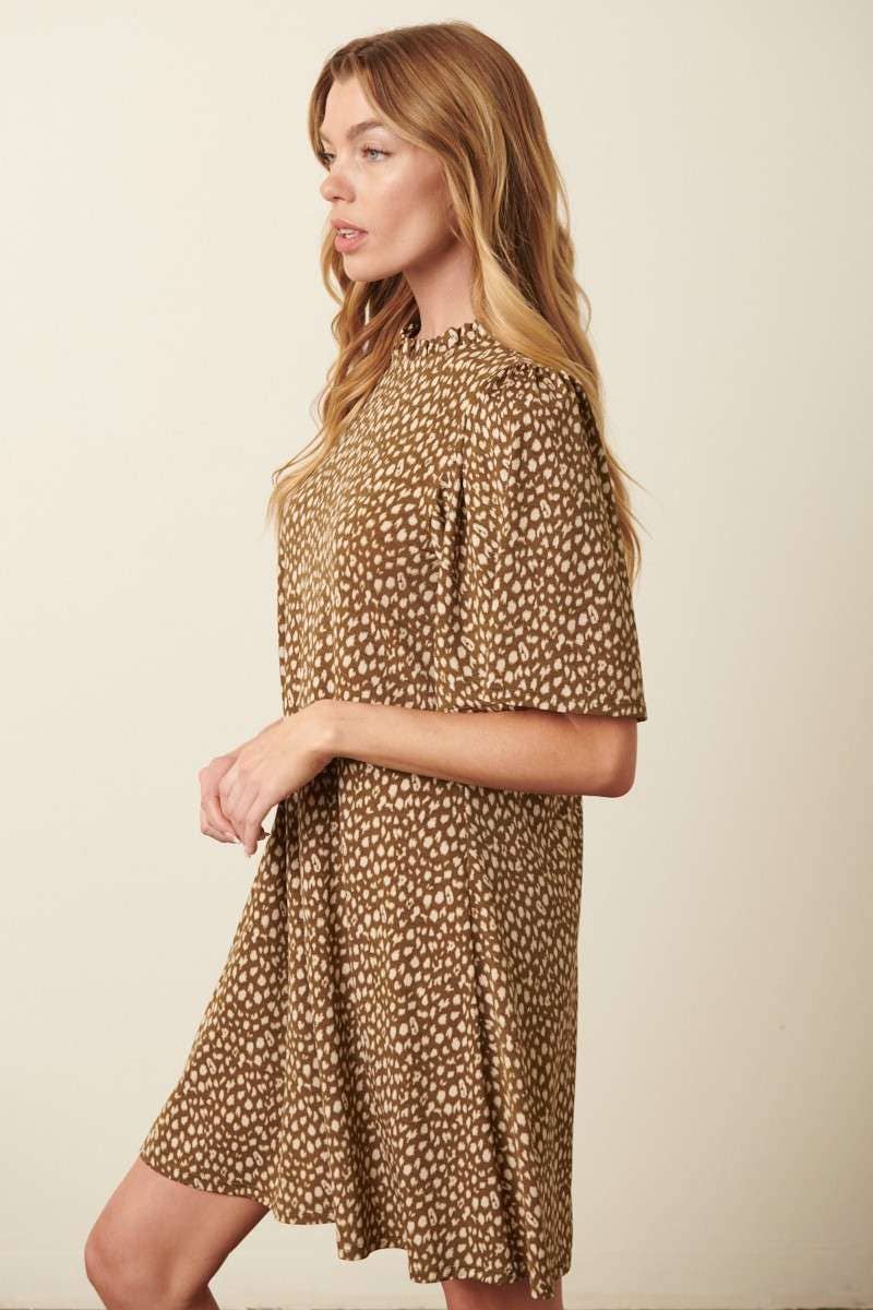 ANIMAL PRINT RUFFLE MOCK NECK MINI DRESS