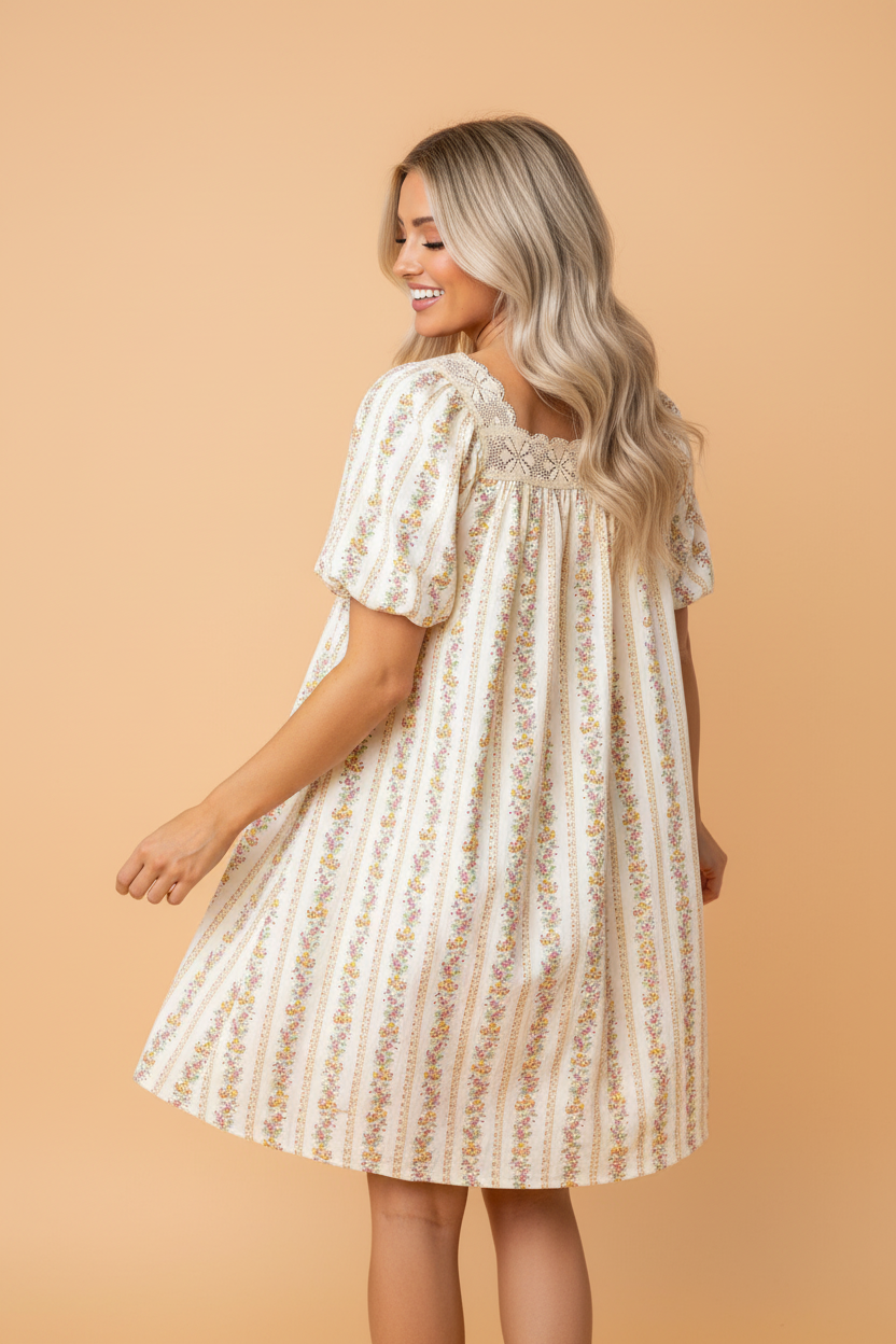Floral Contrast Ribbon Square Mini Dress